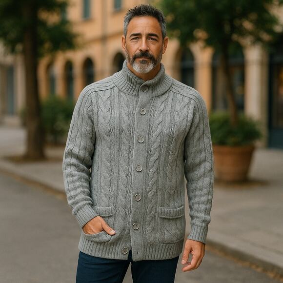 Vintage 80s Sears Men's Gray Cable Knit Cardigan Sweater Chunky Size 44 - Picture 1 of 15